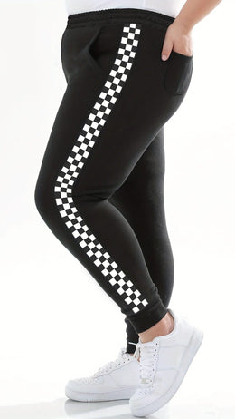 jkthpu-45 Elegant Plus Size Jogger Sweatpants with Side Checkered Pockets