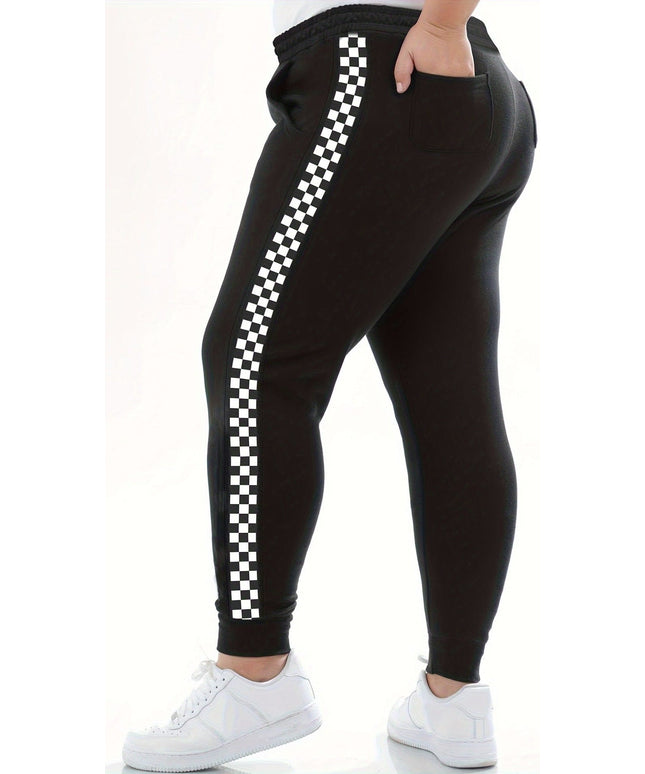 jkthpu-45 Elegant Plus Size Jogger Sweatpants with Side Checkered Pockets
