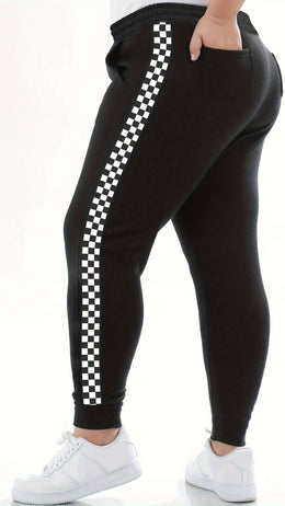 jkthpu-45 Elegant Plus Size Jogger Sweatpants with Side Checkered Pockets