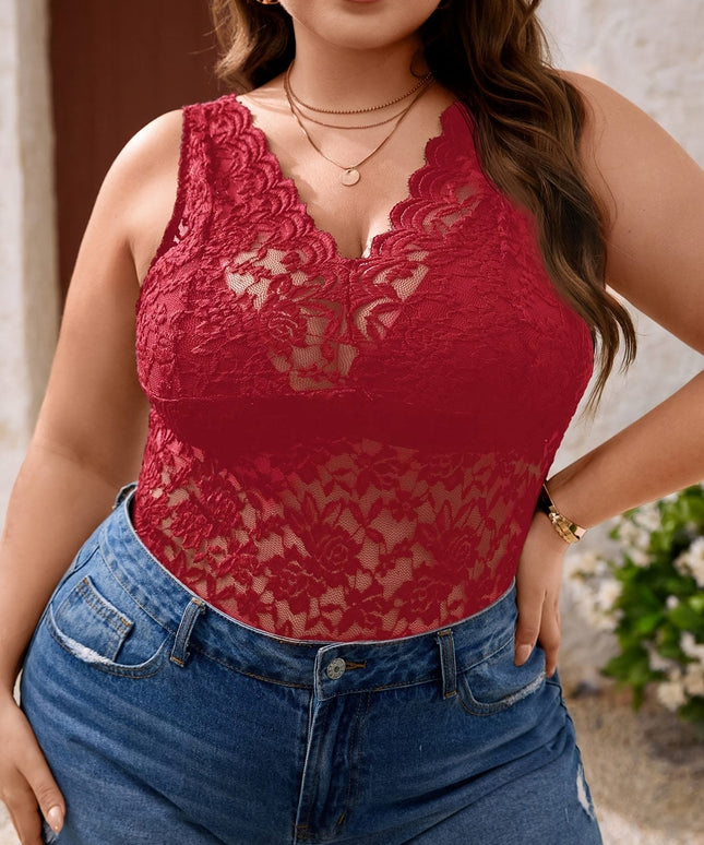 jkthpu-45 Elegant Plus Size Lace Cami Stretch VNeck Blouse
