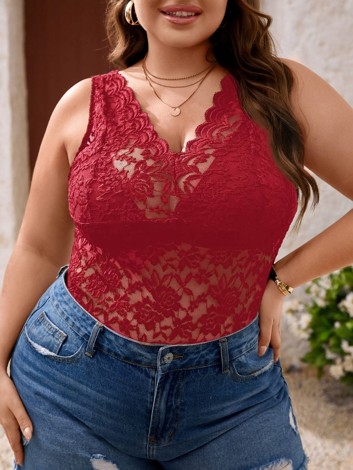 jkthpu-45 Elegant Plus Size Lace Cami Stretch VNeck Blouse