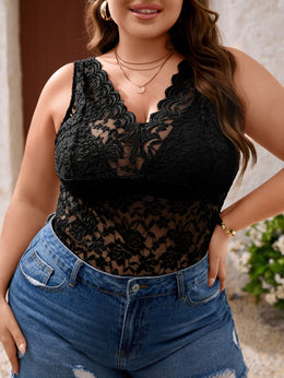 jkthpu-45 Elegant Plus Size Lace Cami Stretch VNeck Blouse