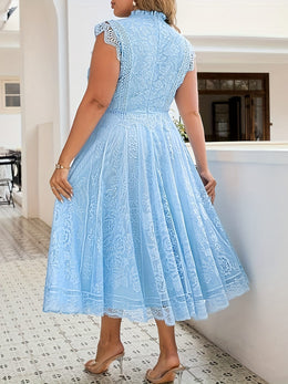 jkthpu-45 Elegant Plus Size Lace Dress - Sleeveless Stand Collar, Pastel Pink Floral Pattern, Zipper Closure, All-Season Fitted Dress for Women, Formal Attire|Elegant Stand Collar|Zippered Dress