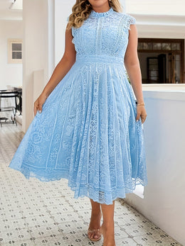 jkthpu-45 Elegant Plus Size Lace Dress - Sleeveless Stand Collar, Pastel Pink Floral Pattern, Zipper Closure, All-Season Fitted Dress for Women, Formal Attire|Elegant Stand Collar|Zippered Dress