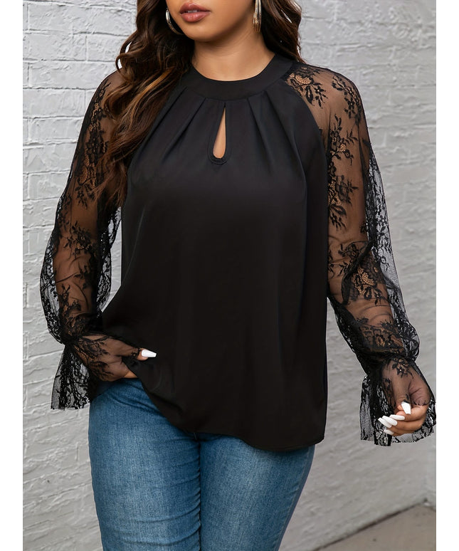 jkthpu-45 Elegant Plus Size Lace Sleeve Romantic Crew Neck Blouse