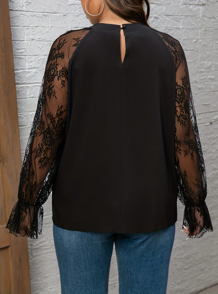 jkthpu-45 Elegant Plus Size Lace Sleeve Romantic Crew Neck Blouse