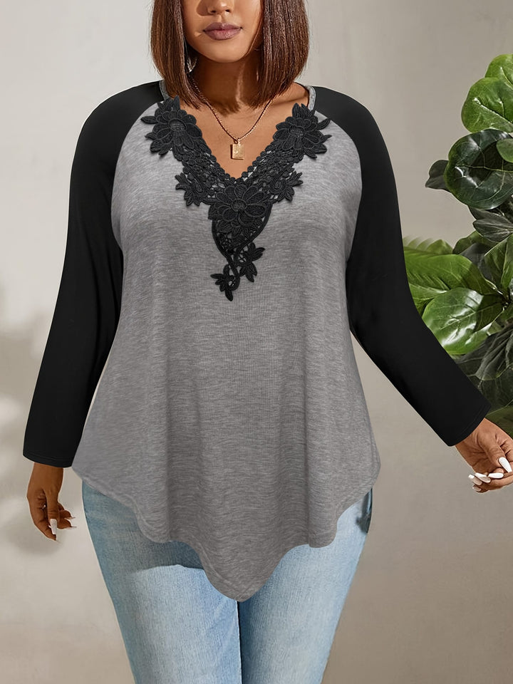 Elegant Plus Size Lace Trim Color Block Blouse