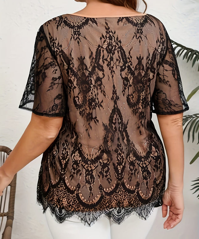jkthpu-45 Elegant Plus Size Lace Trim Tunic Top  Black  White