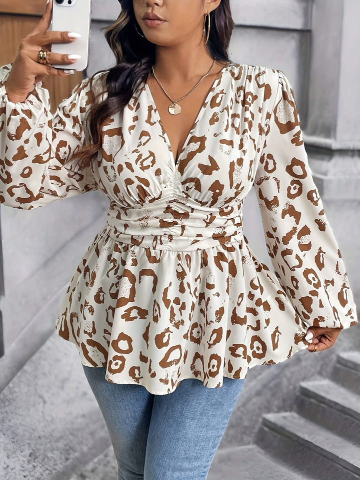Elegant Plus Size Leopard Print WaistCinched Long Sleeve Shirt