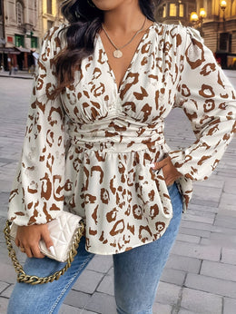 jkthpu-45 Elegant Plus Size Leopard Print WaistCinched Long Sleeve Shirt