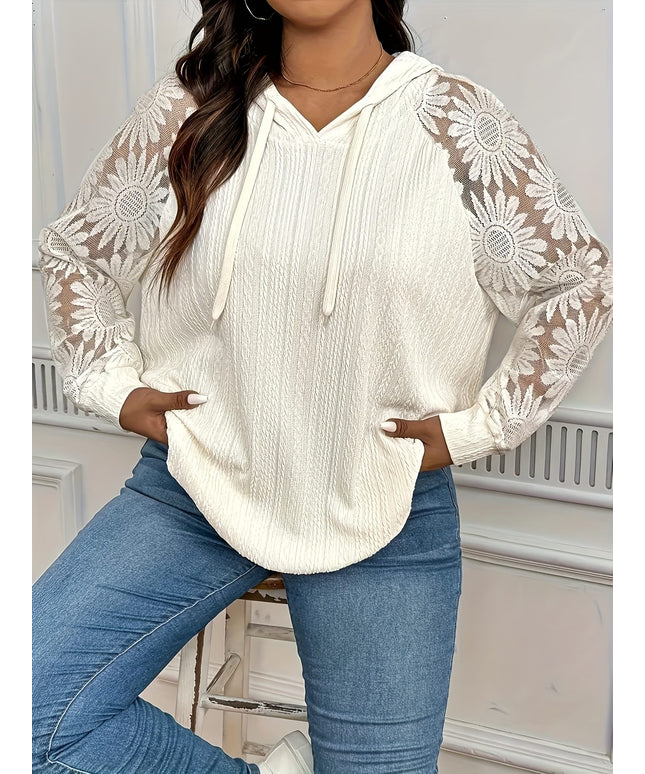 jkthpu-45 Elegant Plus Size Long Sleeve Hoodie with Lace Drawstring