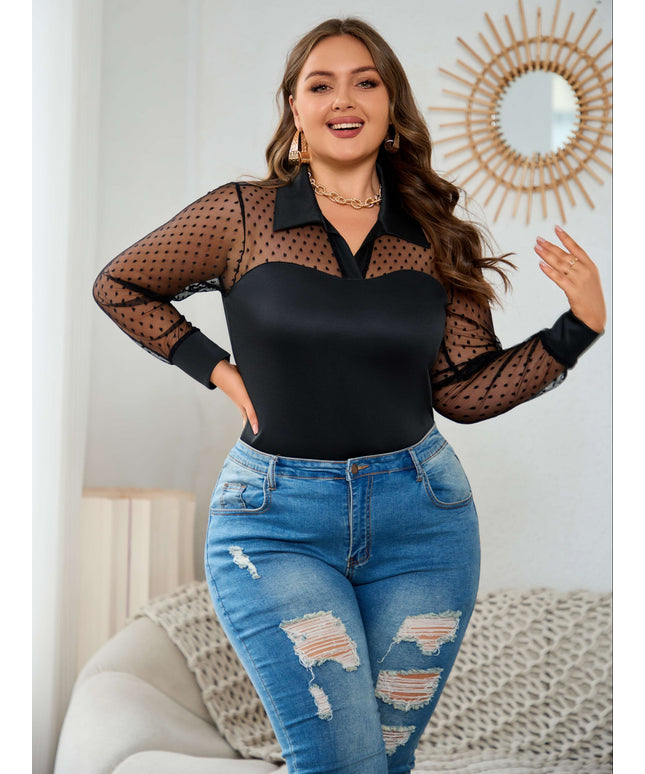 jkthpu-45 Elegant Plus Size Mesh Lapel Blouse for All Seasons