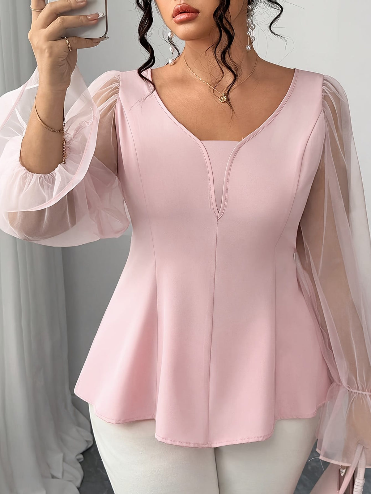 jkthpu-45 Elegant Plus Size Mesh Patchwork VNeck Ruffle Top