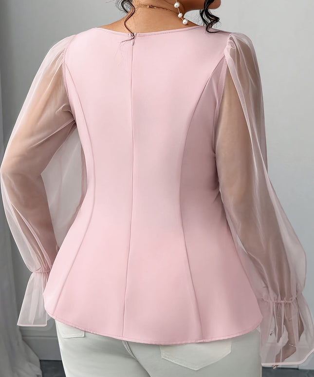jkthpu-45 Elegant Plus Size Mesh Patchwork VNeck Ruffle Top