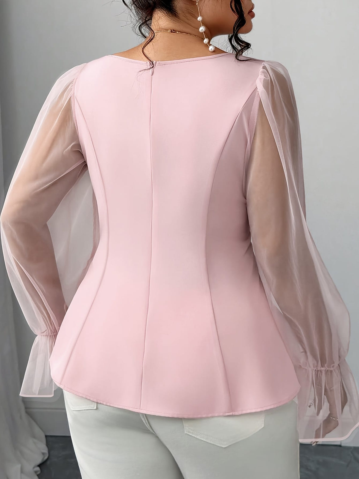 jkthpu-45 Elegant Plus Size Mesh Patchwork VNeck Ruffle Top