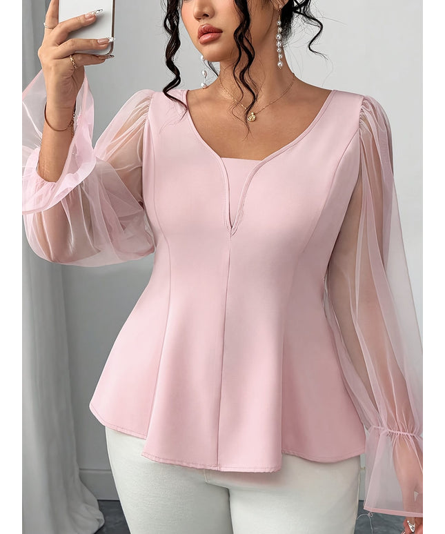 jkthpu-45 Elegant Plus Size Mesh Patchwork VNeck Ruffle Top