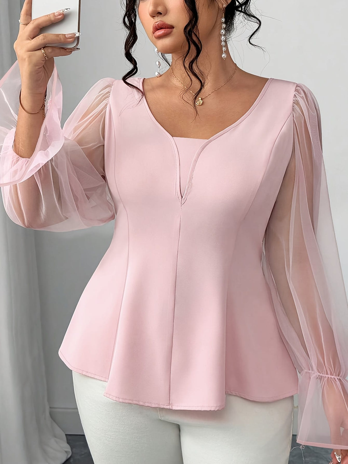 jkthpu-45 Elegant Plus Size Mesh Patchwork VNeck Ruffle Top