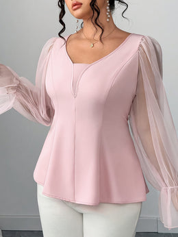 jkthpu-45 Elegant Plus Size Mesh Patchwork VNeck Ruffle Top