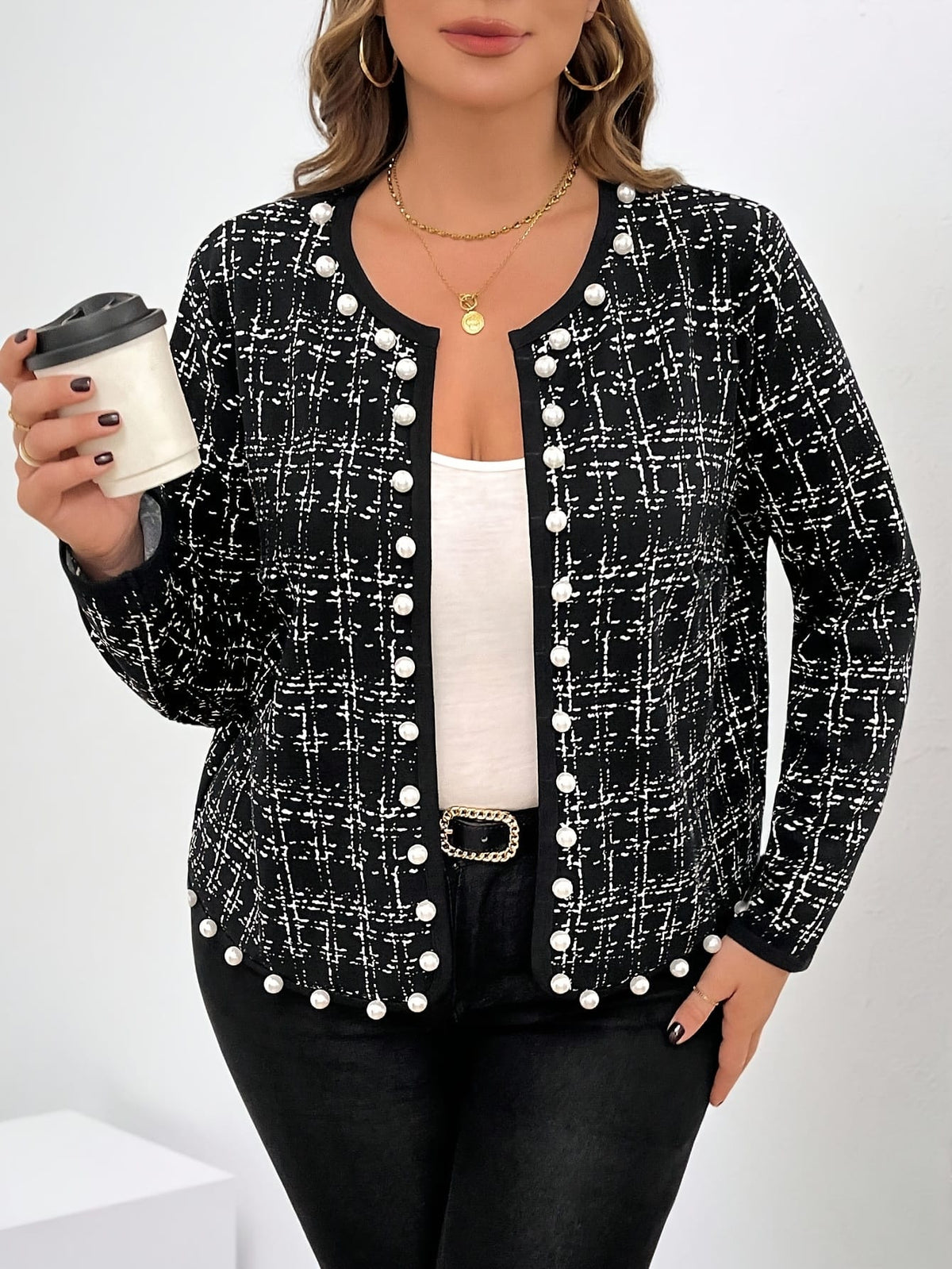 jkthpu-45 Elegant Plus Size NoCollar Open Front Blazer Jacket