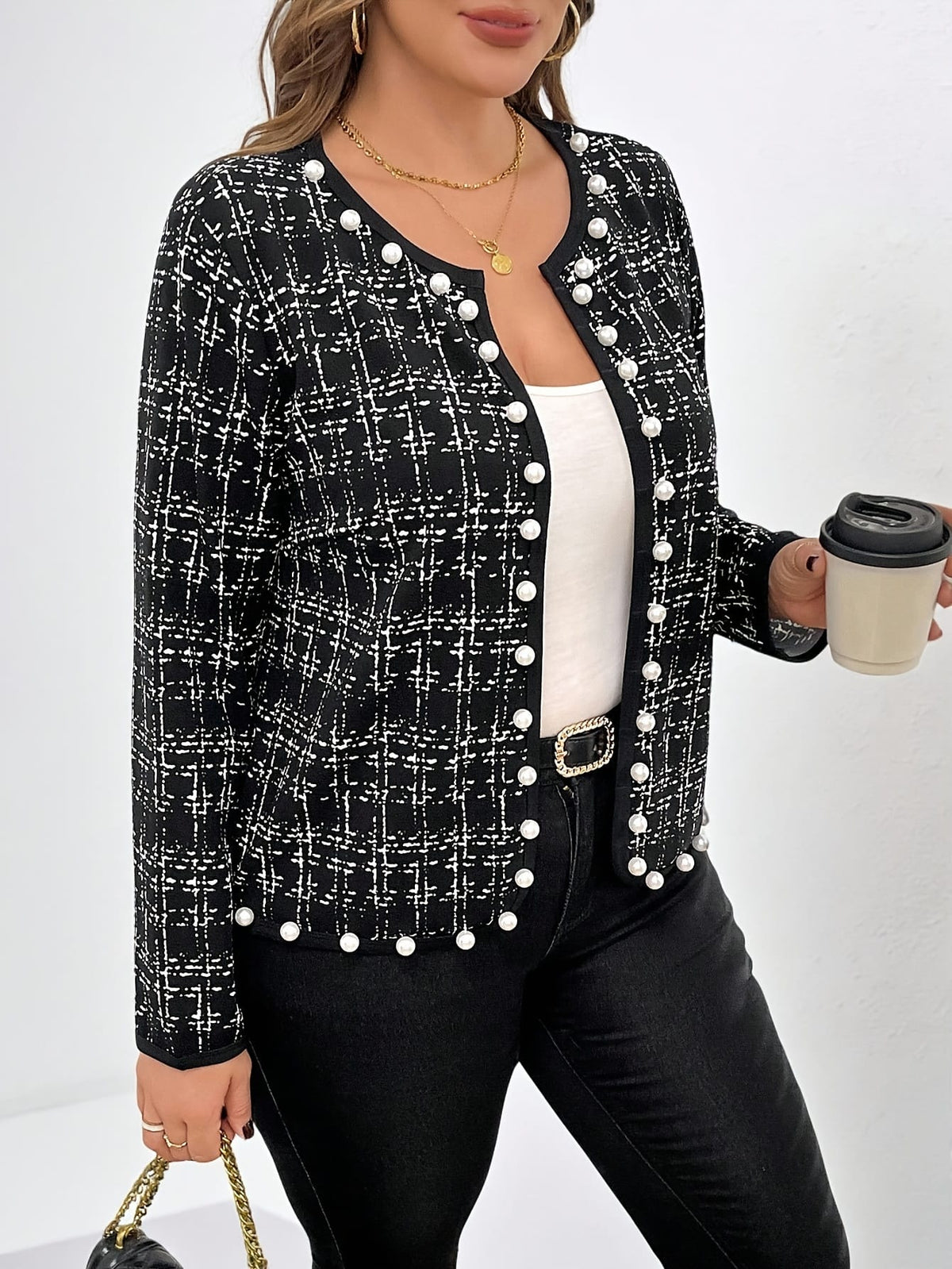 jkthpu-45 Elegant Plus Size NoCollar Open Front Blazer Jacket