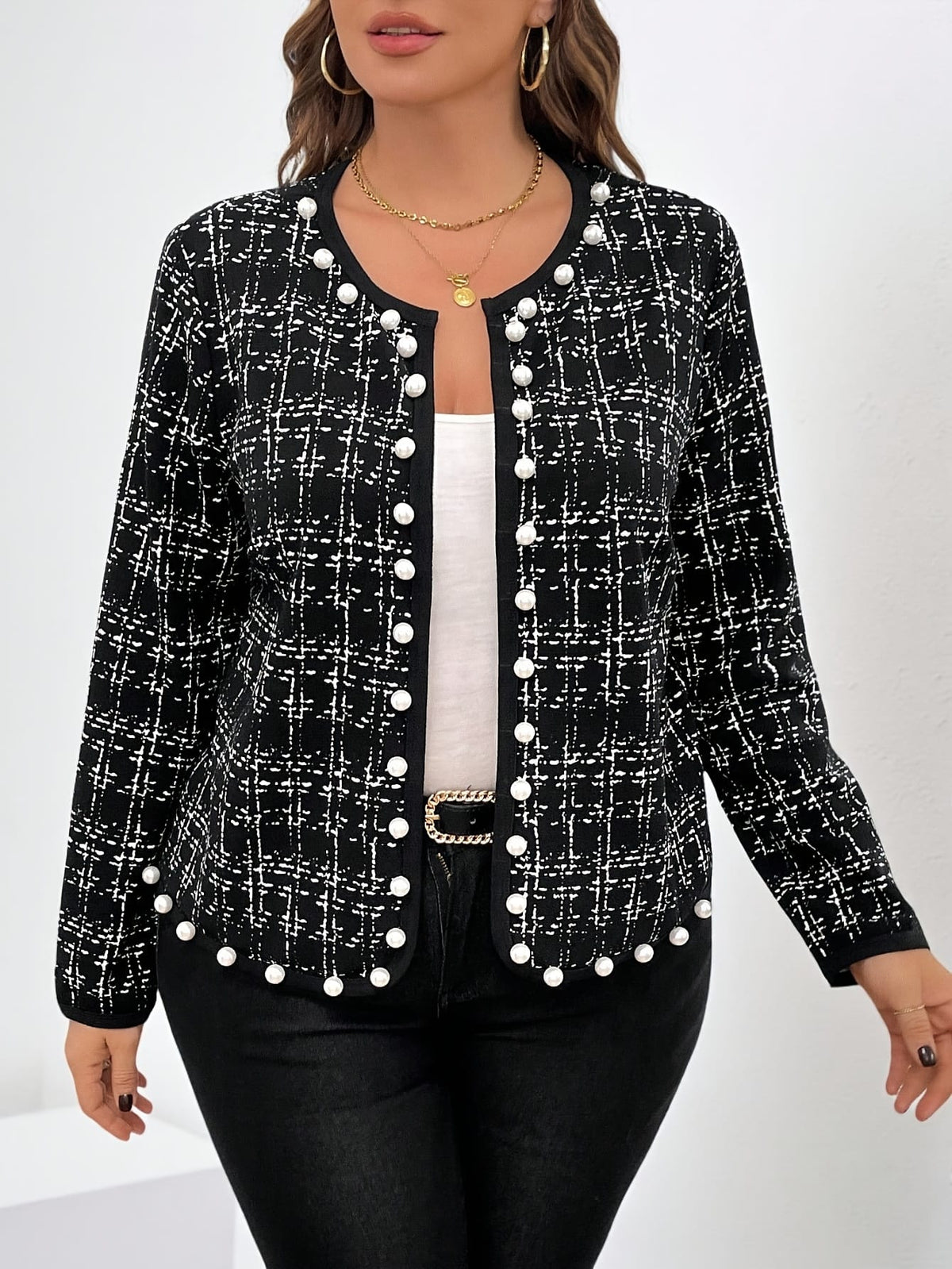 jkthpu-45 Elegant Plus Size NoCollar Open Front Blazer Jacket
