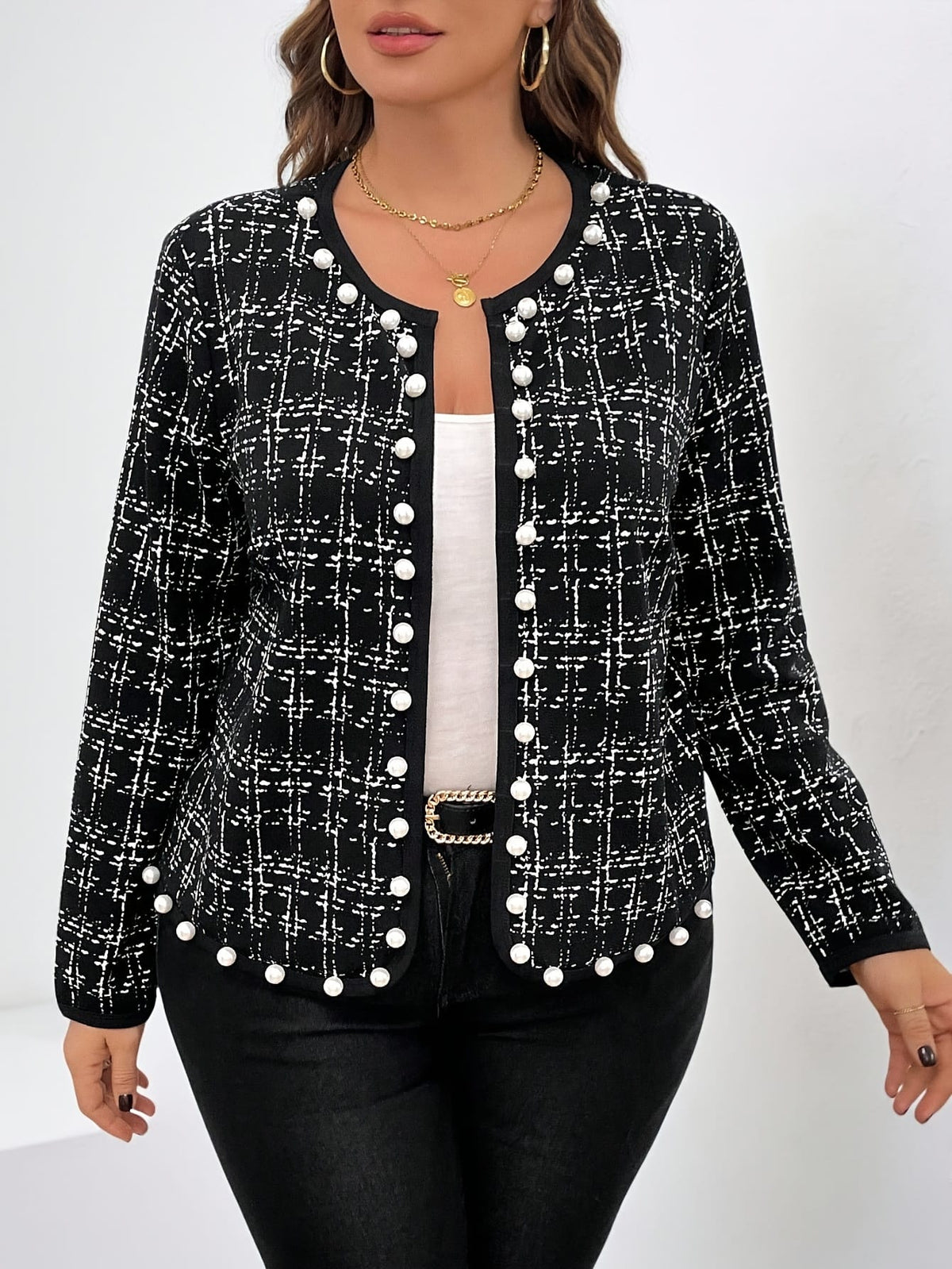 jkthpu-45 Elegant Plus Size NoCollar Open Front Blazer Jacket