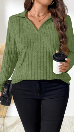 jkthpu-45 Elegant Plus Size Olive VNeck Long Sleeve TShirt