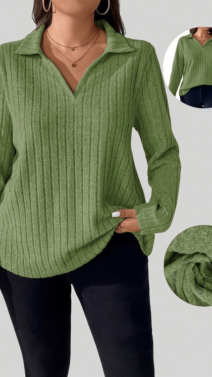 jkthpu-45 Elegant Plus Size Olive VNeck Long Sleeve TShirt