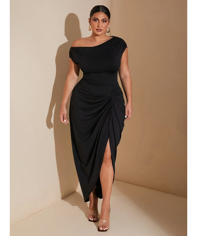 jkthpu-45 Elegant Plus Size OneShoulder Asymmetrical Formal Evening Gown