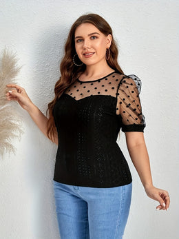 jkthpu-45 Elegant Plus Size Polka Dot Lace Mesh Top