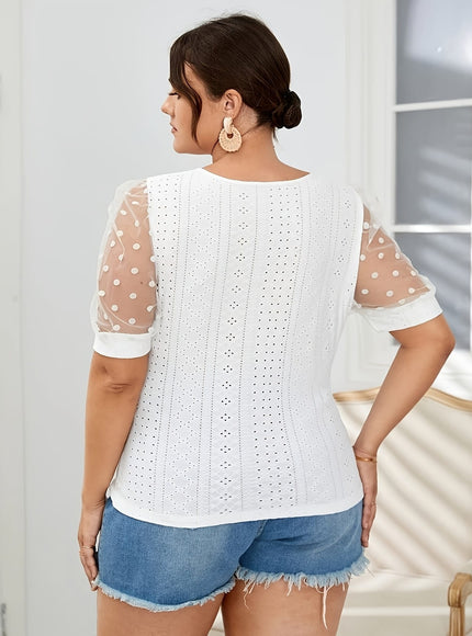 jkthpu-45 Elegant Plus Size Polka Dot Lace Mesh Top