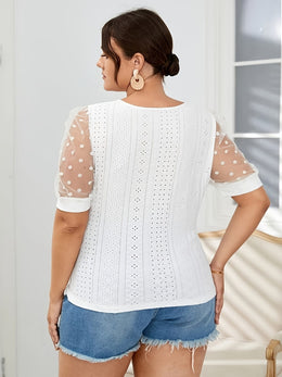 jkthpu-45 Elegant Plus Size Polka Dot Lace Mesh Top