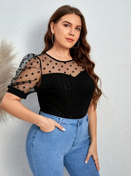 jkthpu-45 Elegant Plus Size Polka Dot Lace Mesh Top