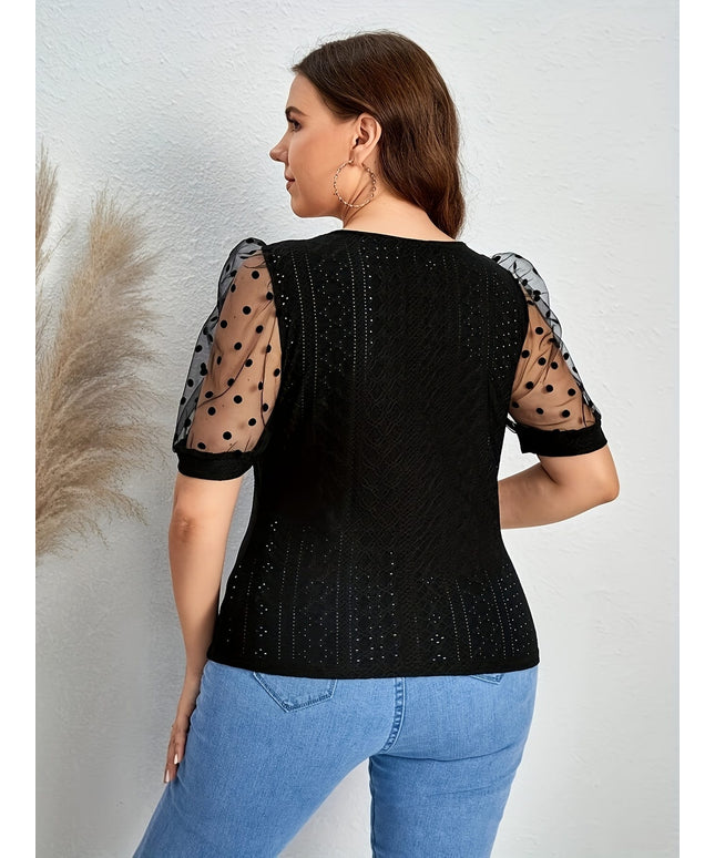 jkthpu-45 Elegant Plus Size Polka Dot Lace Mesh Top