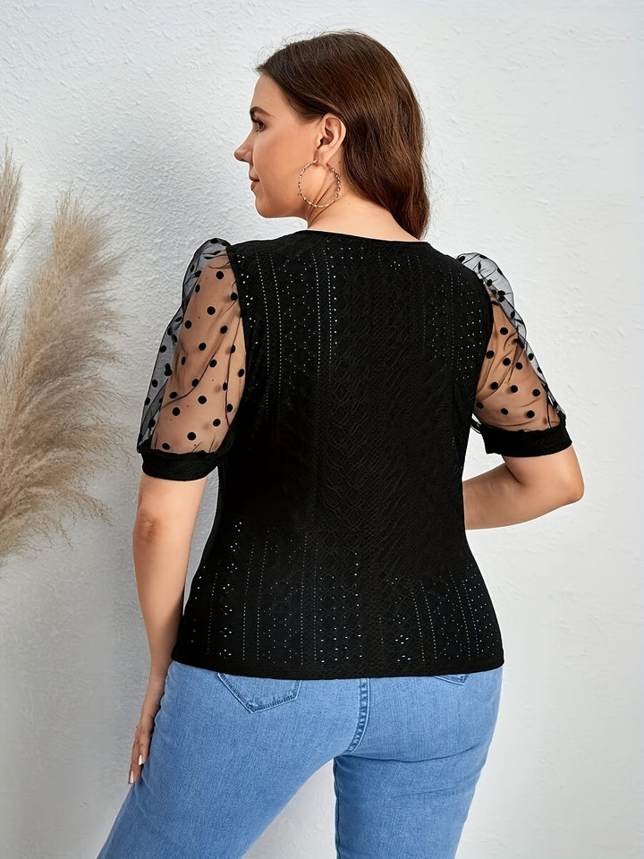 Elegant Plus Size Polka Dot Lace Mesh Top