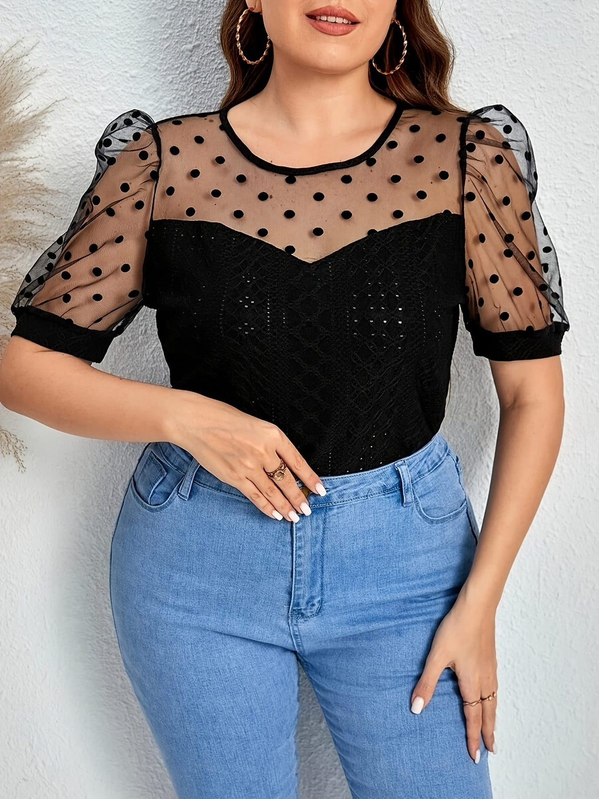 jkthpu-45 Elegant Plus Size Polka Dot Lace Mesh Top
