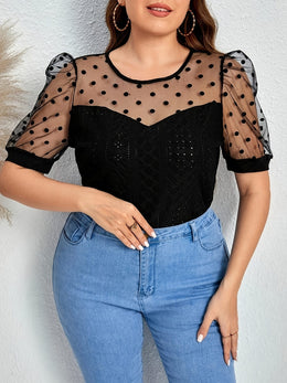 jkthpu-45 Elegant Plus Size Polka Dot Lace Mesh Top