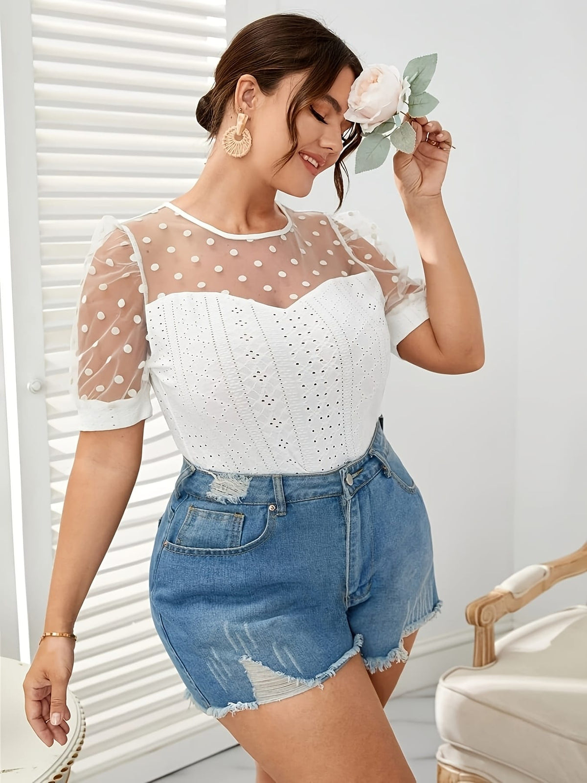 jkthpu-45 Elegant Plus Size Polka Dot Lace Mesh Top