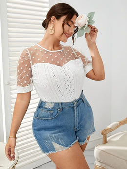 jkthpu-45 Elegant Plus Size Polka Dot Lace Mesh Top