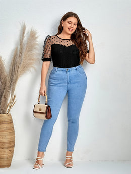 jkthpu-45 Elegant Plus Size Polka Dot Lace Mesh Top