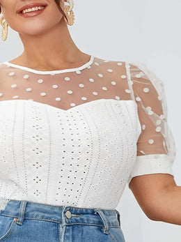 jkthpu-45 Elegant Plus Size Polka Dot Lace Mesh Top