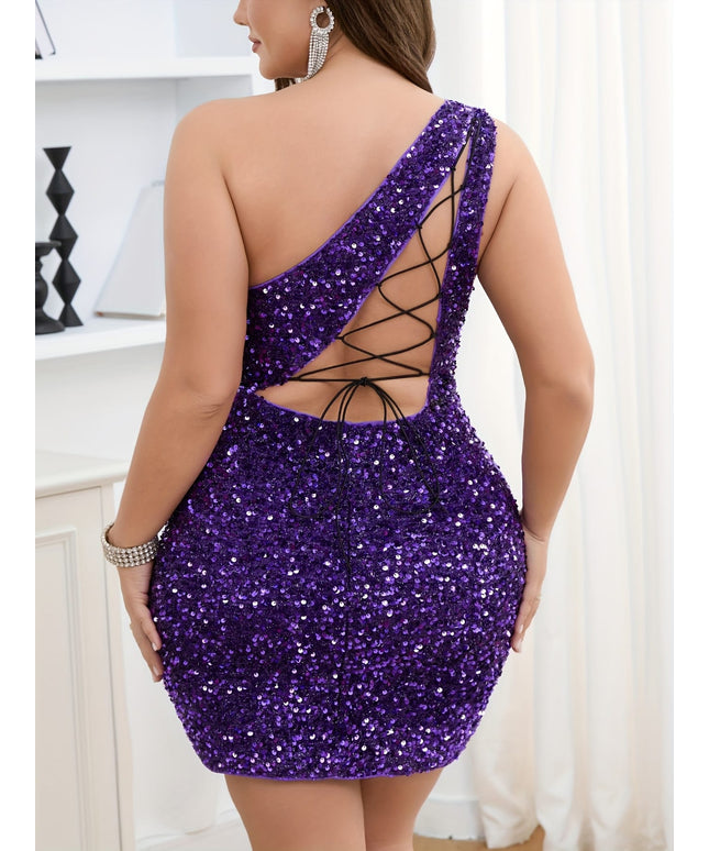 jkthpu-45 Elegant Plus Size Purple Sequin Party Dress with Back Drawstring Detail - Sexy, Off-Shoulder, Knitted Fabric, Perfect for Weddings and Formal Events, Plus Size Dress