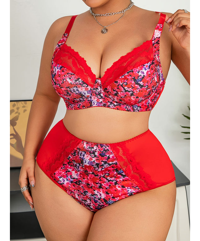 jkthpu-45 Elegant Plus Size Red  Pink Floral Lace Lingerie Set