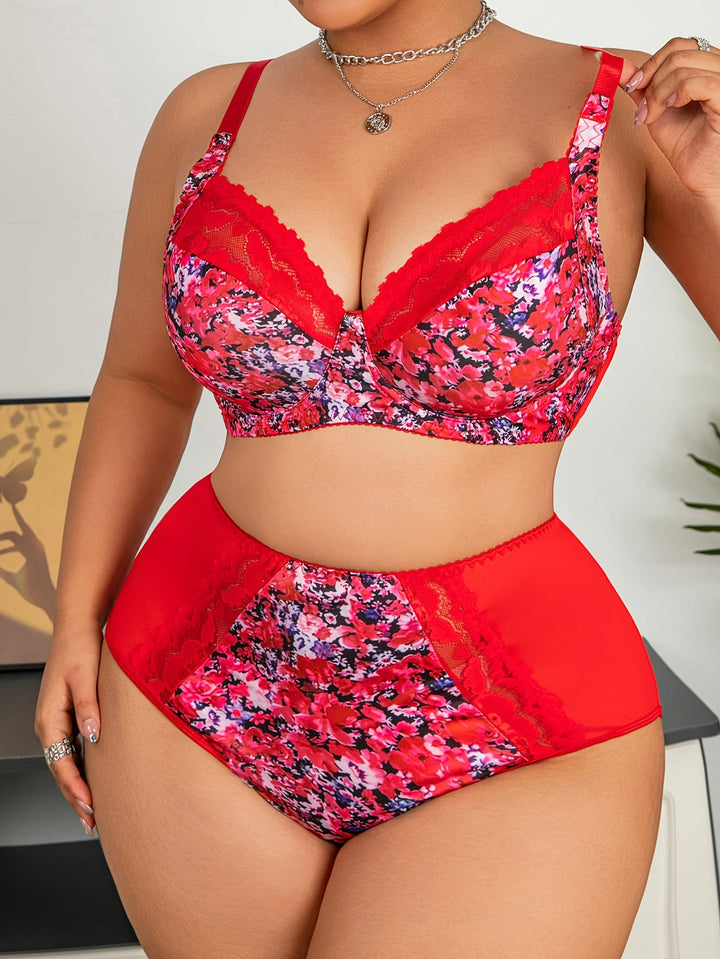 Elegant Plus Size Red  Pink Floral Lace Lingerie Set