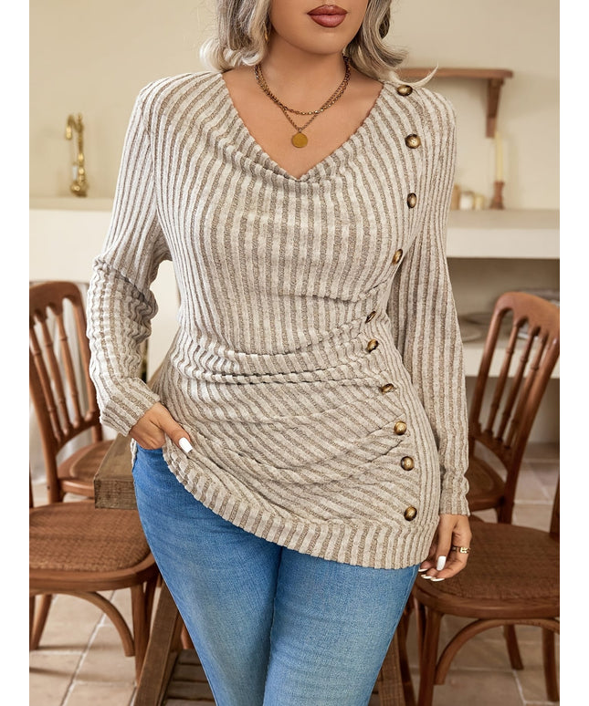 jkthpu-45 Elegant Plus Size Ribbed Long Sleeve Button Top