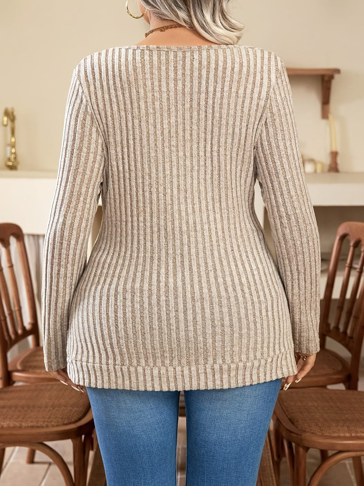 jkthpu-45 Elegant Plus Size Ribbed Long Sleeve Button Top