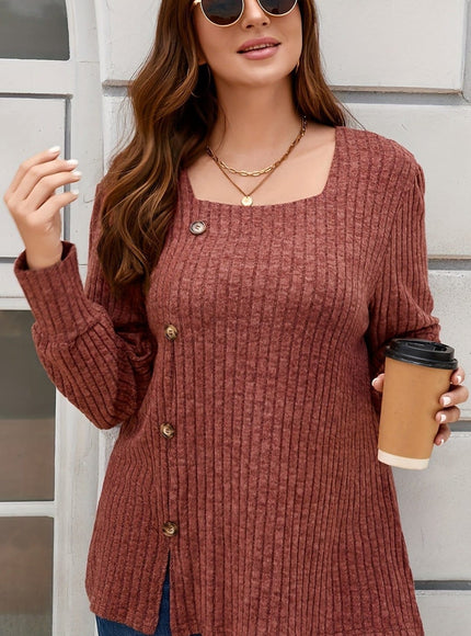 jkthpu-45 Elegant Plus Size Ribbed Square Neck Long Sleeve Top