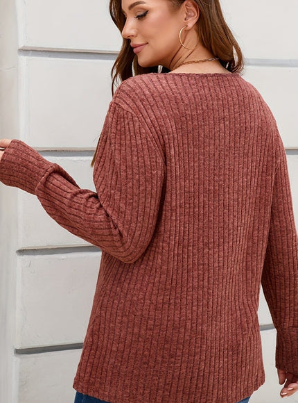 jkthpu-45 Elegant Plus Size Ribbed Square Neck Long Sleeve Top