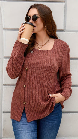 jkthpu-45 Elegant Plus Size Ribbed Square Neck Long Sleeve Top