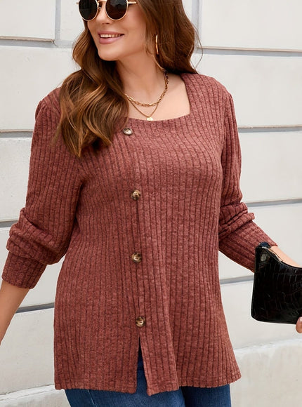 jkthpu-45 Elegant Plus Size Ribbed Square Neck Long Sleeve Top
